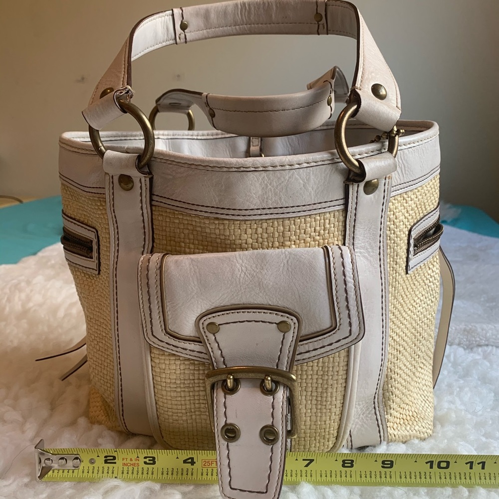 Coach Natural straw with white leather handbag